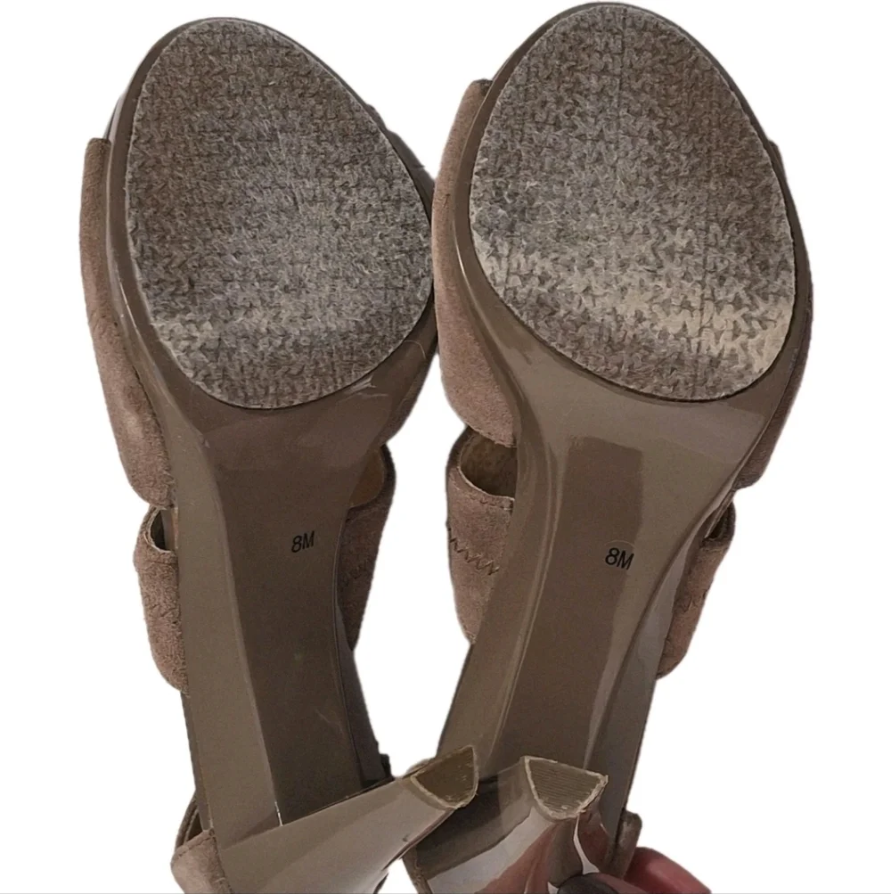 Michael Kors Berkley T Strap Zip Up Taupe Suede Leather Sandal Heels Size 8 M - Picture 8 of 13